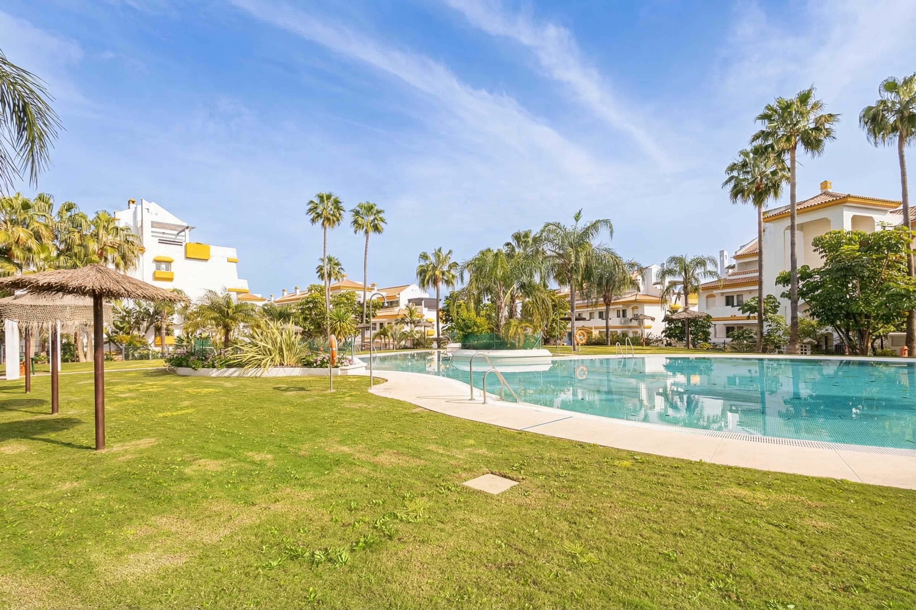 A swimming pool surrounded by grass, palm trees, and buildings with a clear blue sky.