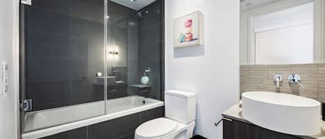 Hair dryer, towels, soap, toilet paper