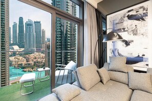 Exclusive Apartment, 4 Bedrooms, Balcony, City View | Living area - The Burj Crown Stays by UniDwellers Holiday homes (Dubai)