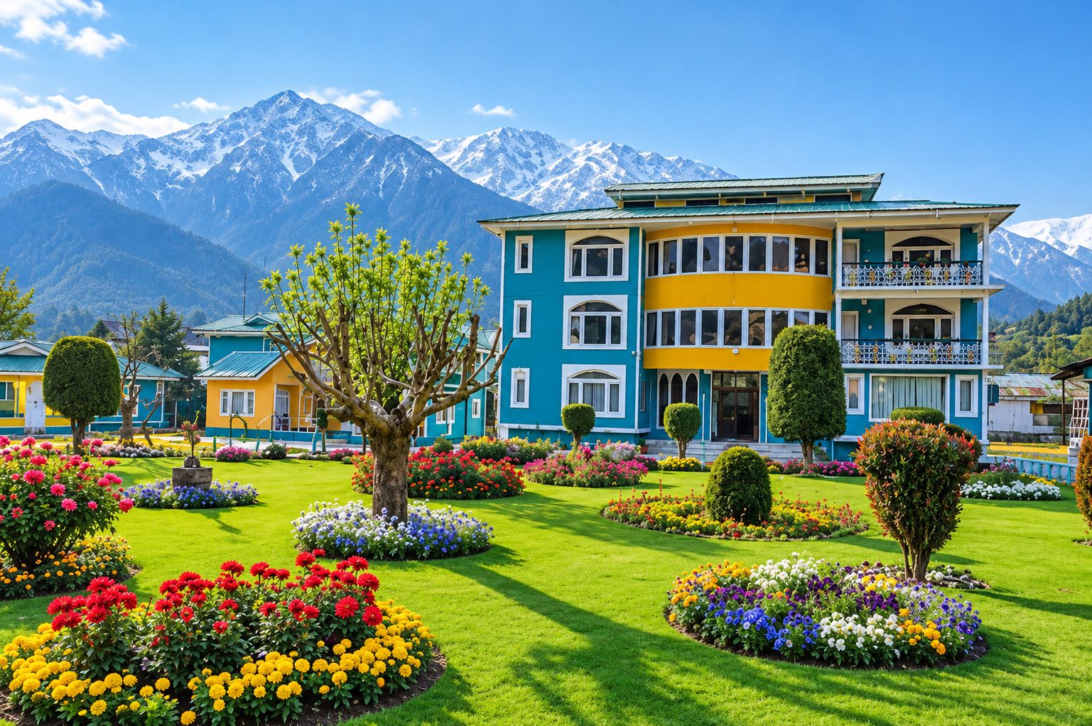 A multi-story hotel with a balcony, surrounded by a well-maintained garden with various flowers and a large tree.