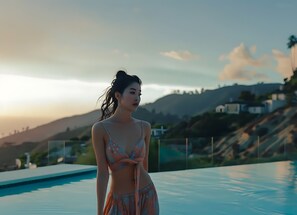 Uma pessoa está ao lado de uma piscina, com montanhas ao fundo.