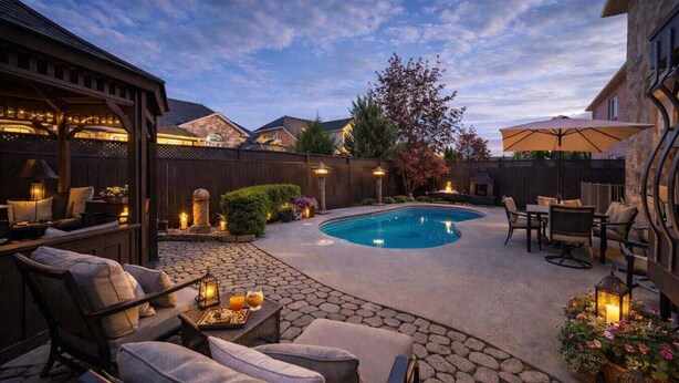 Ein Garten mit Schwimmbad, Gartenmöbeln und dekorativer Beleuchtung.