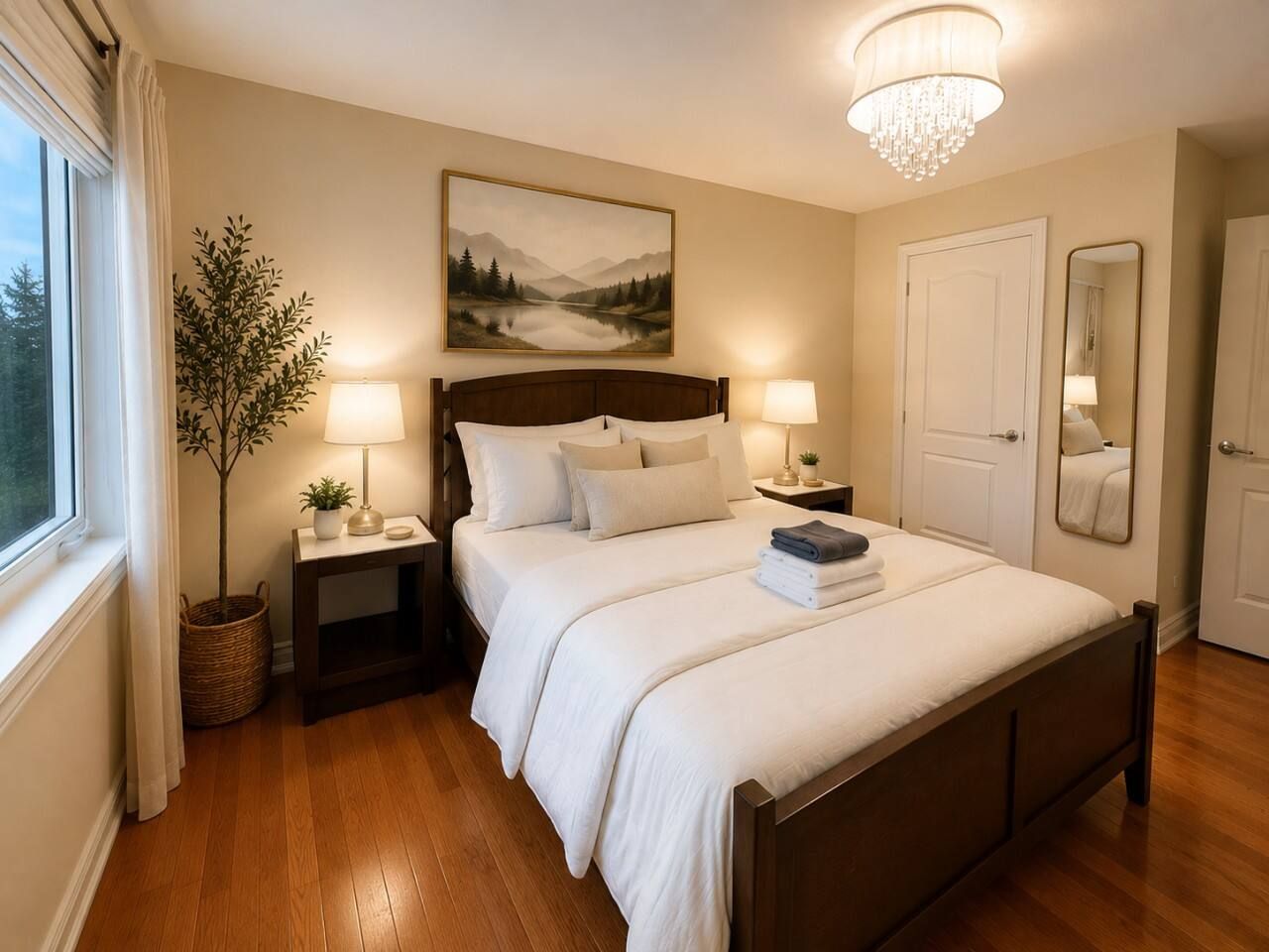 A neatly arranged bedroom with a large bed, bedside tables, a nightstand, a potted plant, a painting on the wall, and a chandelier.