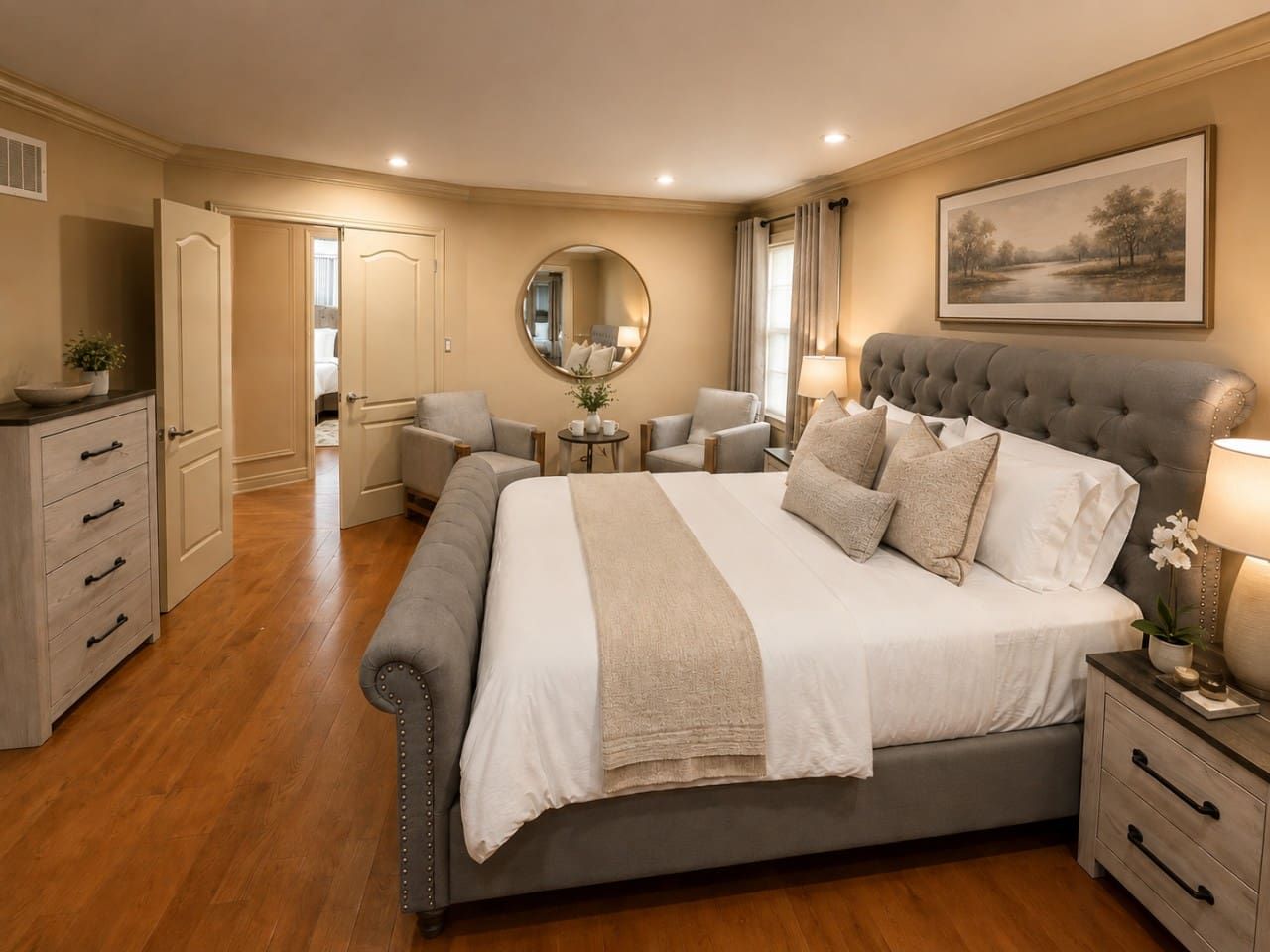 A bedroom with a large bed, bedside tables, a mirror, and a painting on the wall.