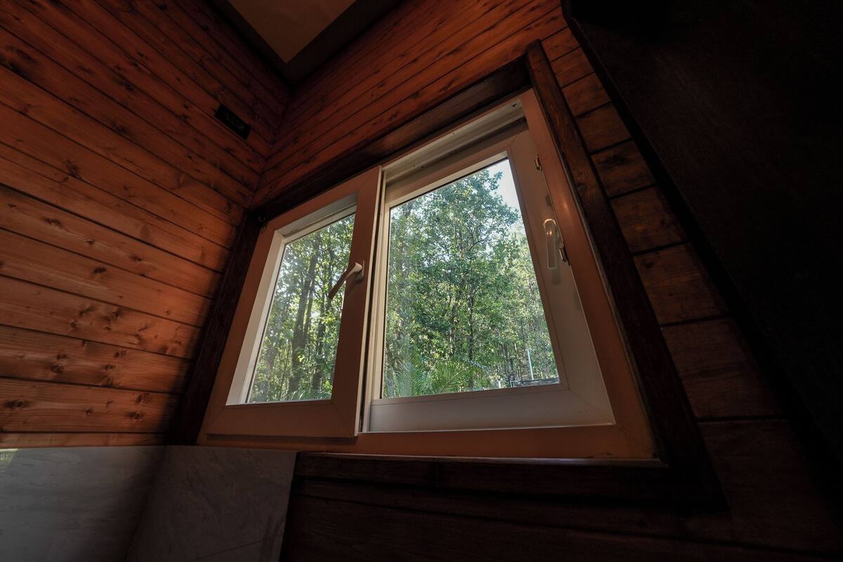 A room with wooden walls and two windows with white frames.