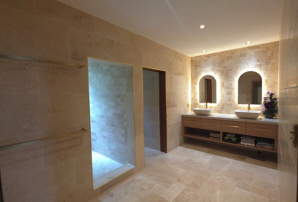 Shower, towels, toilet paper