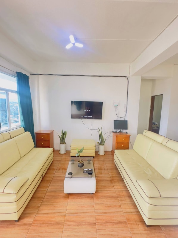 A modern living room with two cream sofas, a central coffee table, a flat-screen TV mounted on the wall, and potted plants. - Zen Ridge Stay Baguio City (Baguio)