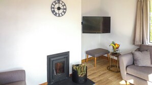 Ein Wohnzimmer mit Kamin, einer Couch, einem Couchtisch, einem an der Wand montierten Fernseher und einem Fenster mit Vorhängen.