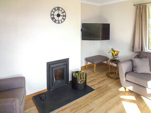 A living room with a fireplace, a sofa, a coffee table, a TV mounted on the wall, and a window with curtains. - 3 bedroom accommodation in Whitestone (Whitestone)