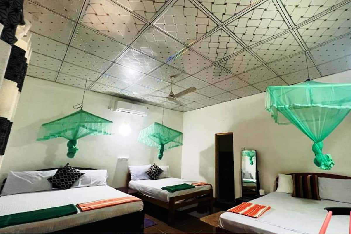 Habitación de hotel con dos camas, ventilador de techo y mosquiteras.