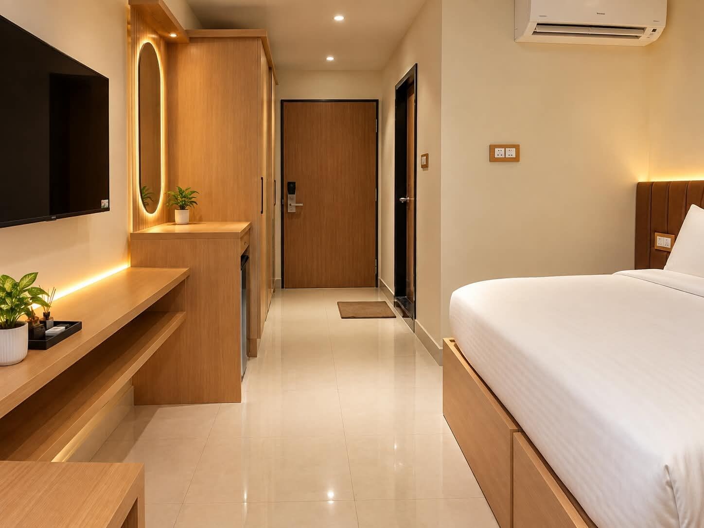 A modern hotel room with a bed, a TV, a desk with a plant, and a door leading to another room.