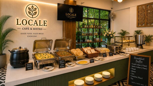 Balcão de café com opções de comida identificadas e aviso sobre buffet de café da manhã.