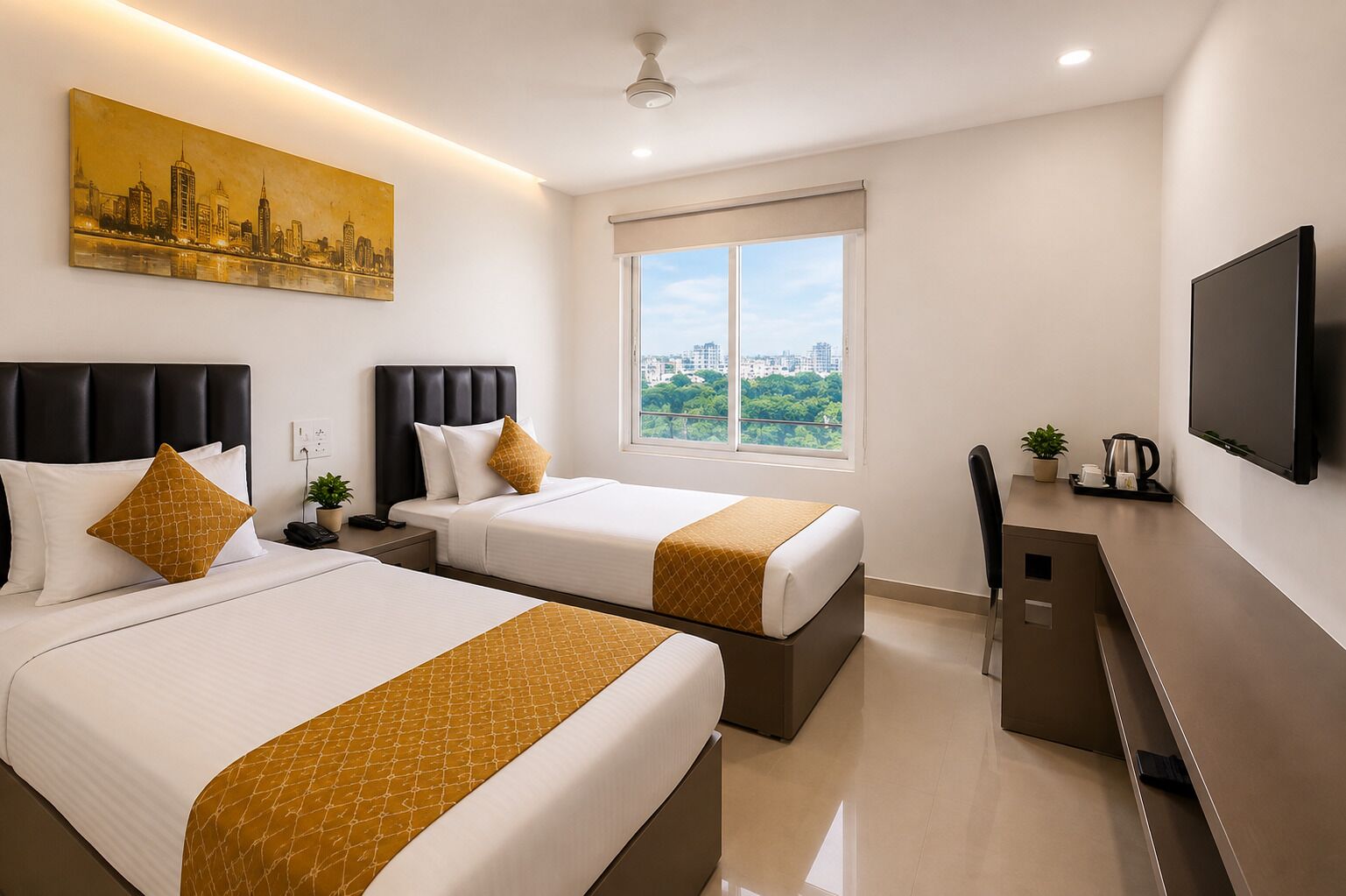 A hotel room with two beds, a large window, a flat-screen TV, and a cityscape painting.