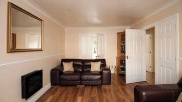 TV, fireplace, books, stereo
