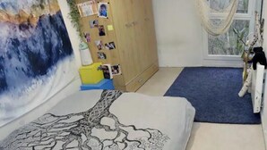 A bedroom with a bed, a wardrobe, a hammock, and a large window. - Room in a Stunning Apartment in the City and the Countryside (Oullins-Pierre-Bénite)