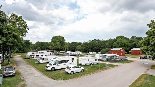 Un terrain de camping où l’on peut stationner des camping-cars et des voitures sur une surface goudronnée, le tout étant entouré d’arbres et de quelques bâtiments.