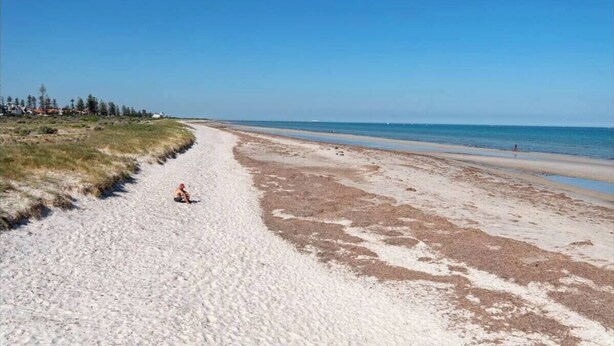A beach with a person sitting on the sand, a clear sky, and a distant shoreline.