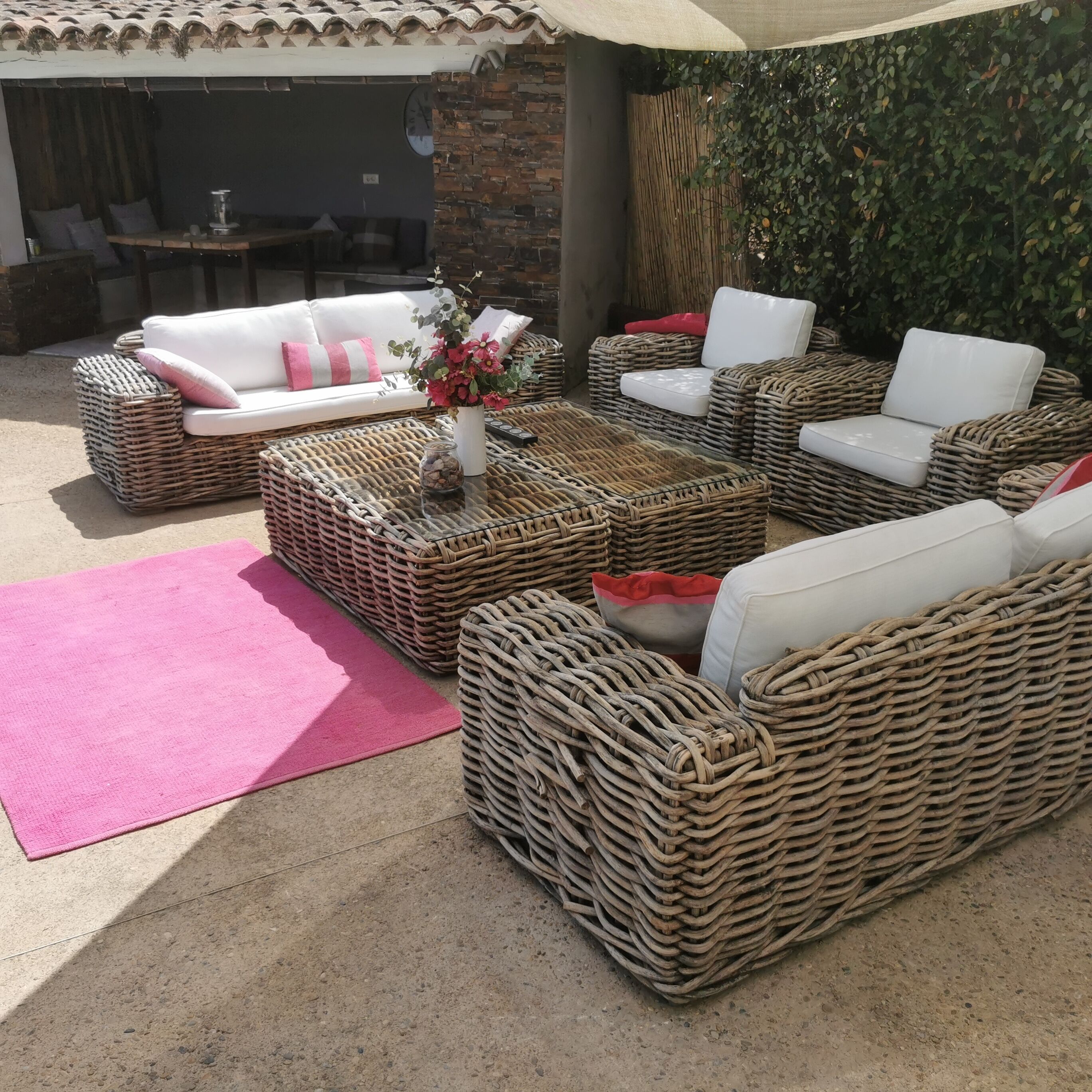 A patio area with wicker furniture, a pink rug, and a decorative vase with flowers.