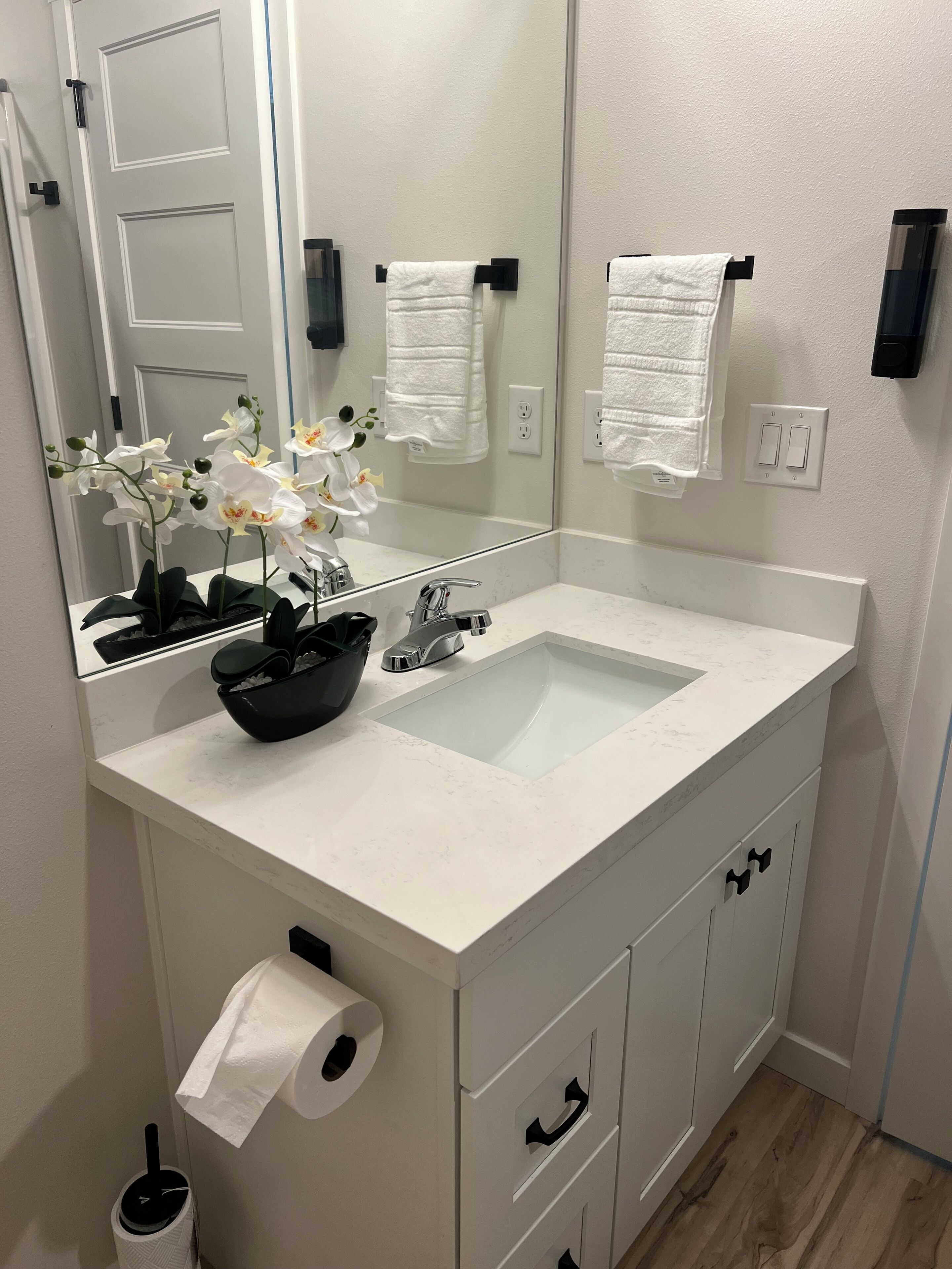 Hair dryer, towels, soap, toilet paper