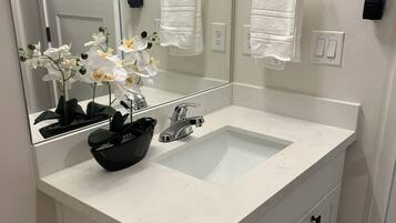 Hair dryer, towels, soap, toilet paper
