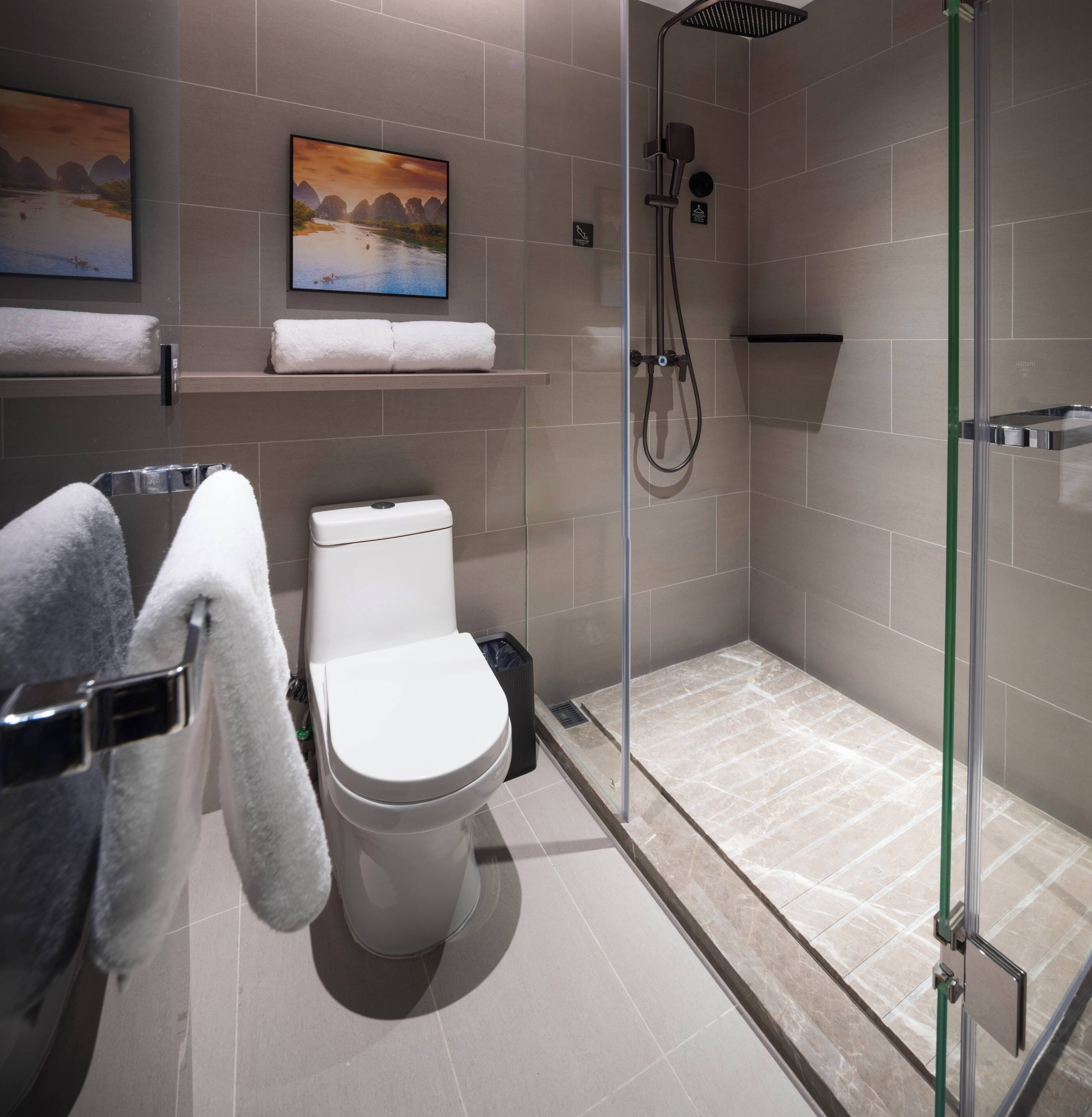 A modern bathroom with a toilet, a glass shower enclosure, and two framed pictures on the wall.