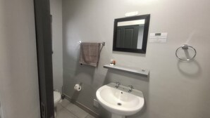 A bathroom with a white sink, a mirror, a towel hanging on the wall, and a toilet. - Gables B&B Guesthouse (George)