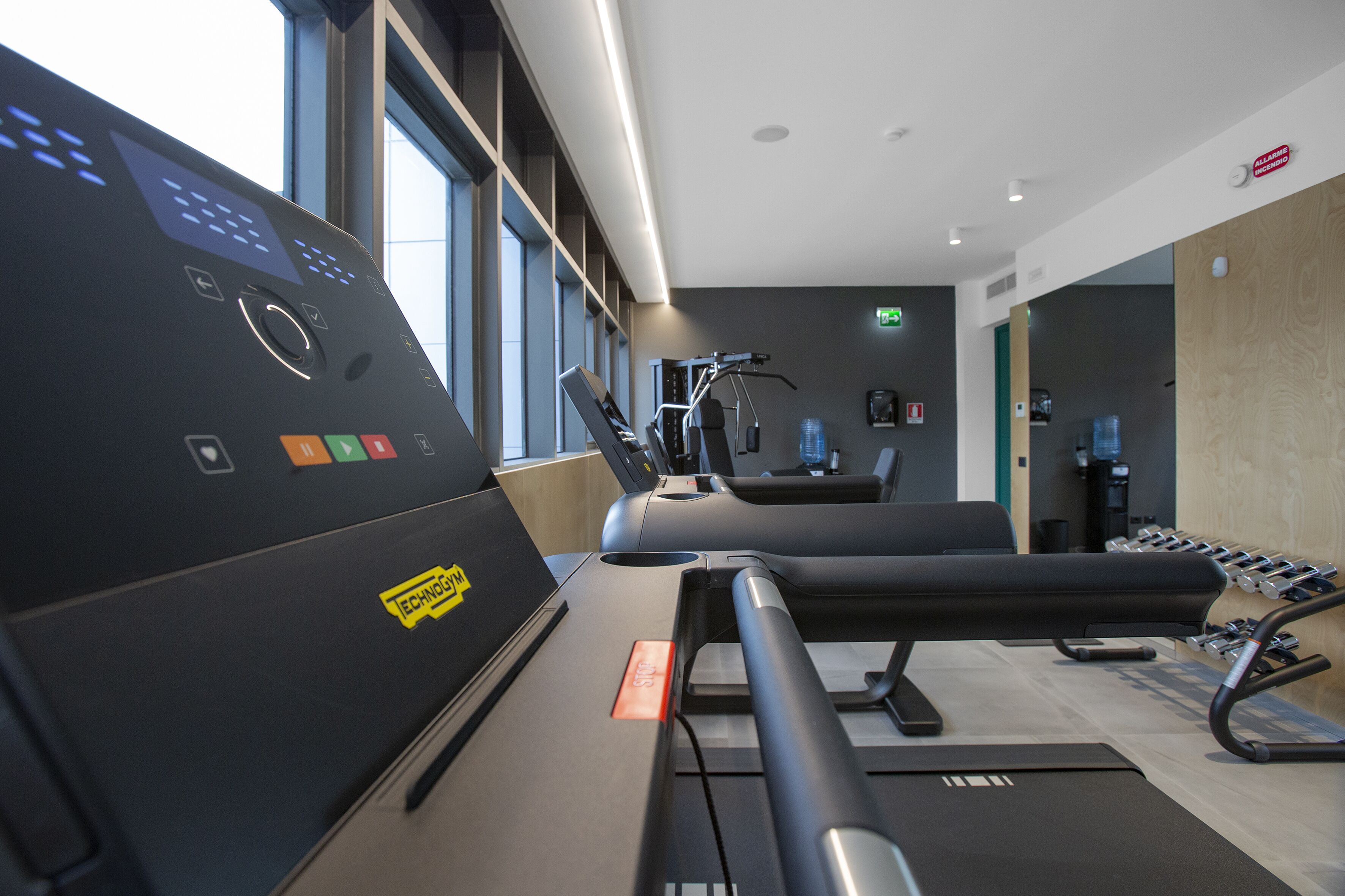 Une salle de sport équipée de matériel d’exercice, d’un banc et d’un porte-haltères fixé au mur.