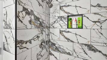 Regadera, secadora de cabello, shampoo