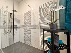Shower, hair dryer, towels