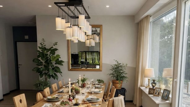 A dining area with a long table, chairs, a chandelier, potted plants, and a large window. - Haus der alten Bäume in Hillesheim | Quiet stays in nature in the Volcanic Eifel (Hillesheim)