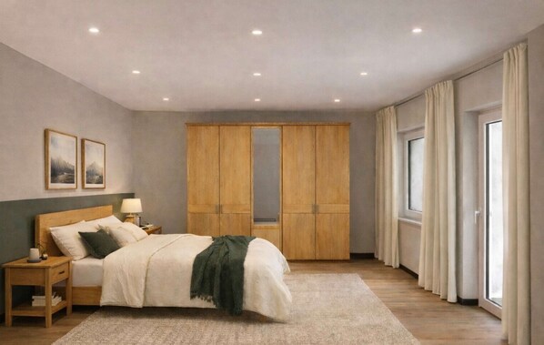 A bedroom with a bed, nightstand, wooden wardrobe, and a large window with curtains.