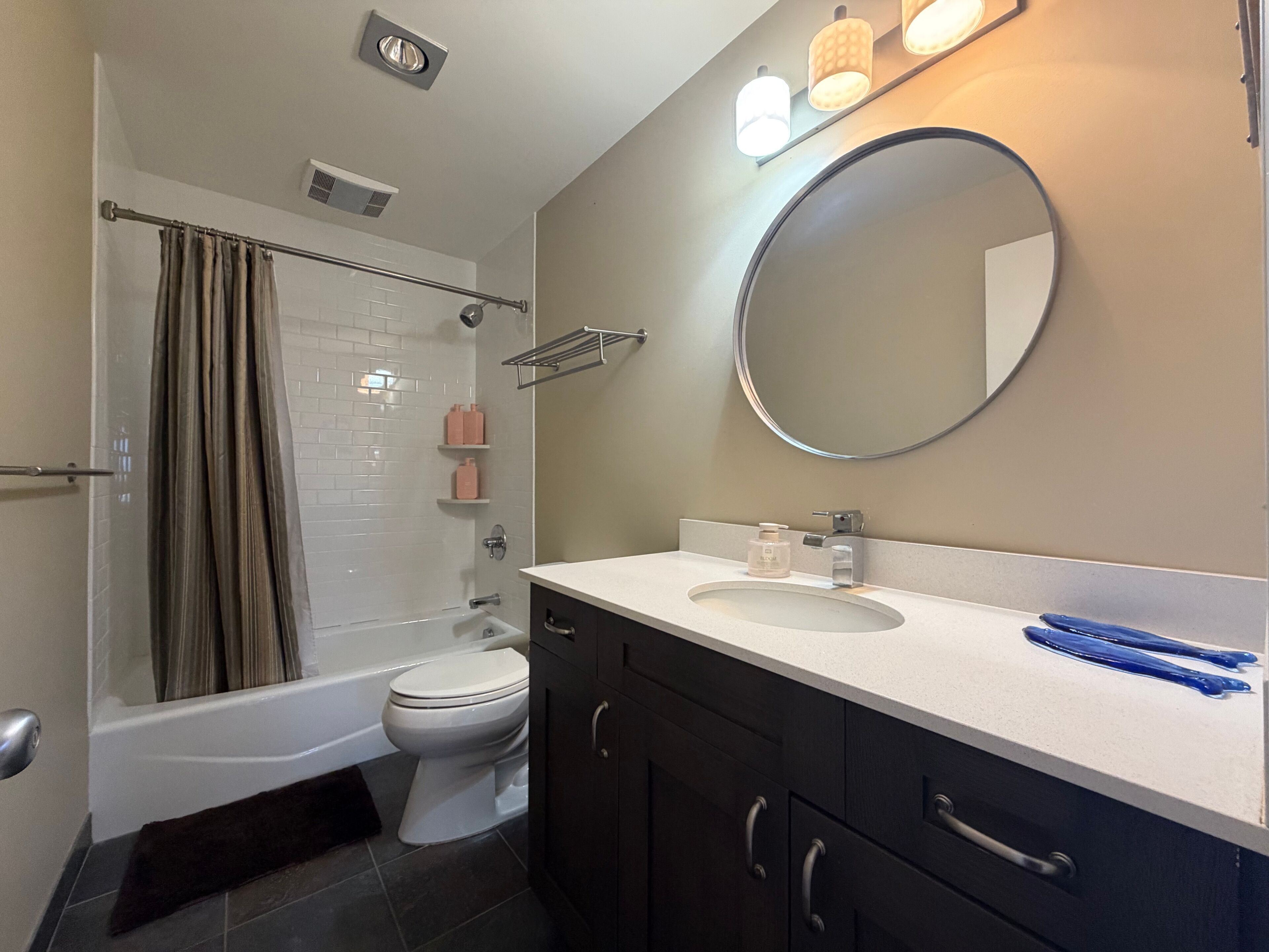 Hair dryer, towels, soap, shampoo