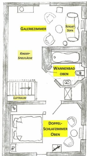 A hotel floor plan with a gallery room, children's play area, lounge, and a double bedroom.