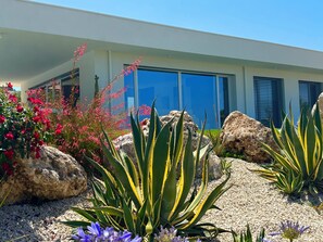 A modern building with large windows and a well-maintained garden with rocks and plants. - Villa Nanni, Contemporary, Pool and Garden (Sicilia)