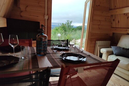 fully-equipped wooden chalet with whirlpool bath