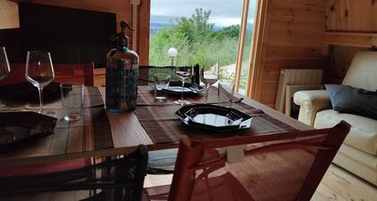 fully-equipped wooden chalet with whirlpool bath