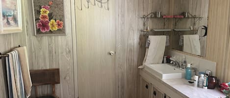Hair dryer, towels, soap, toilet paper