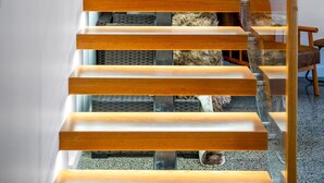 A modern staircase with wooden steps and glass railings, leading to a room with a white door and a framed picture on the wall. - 2BR Loft |A/C, Netflix, Private Deck| Walk to City (Auckland Central)