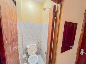 Shower, towels, soap, toilet paper