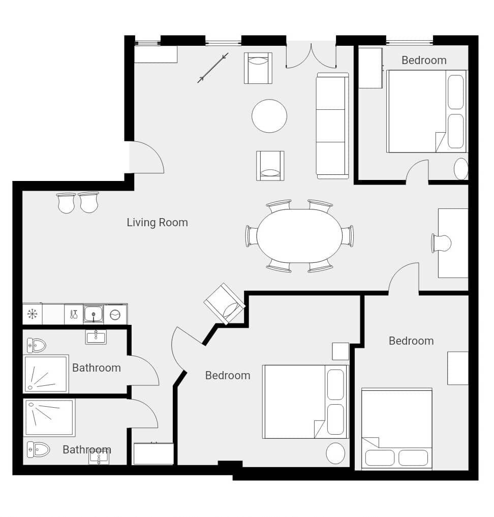 Een plattegrond van een huis met een woonkamer, twee slaapkamers en twee badkamers.