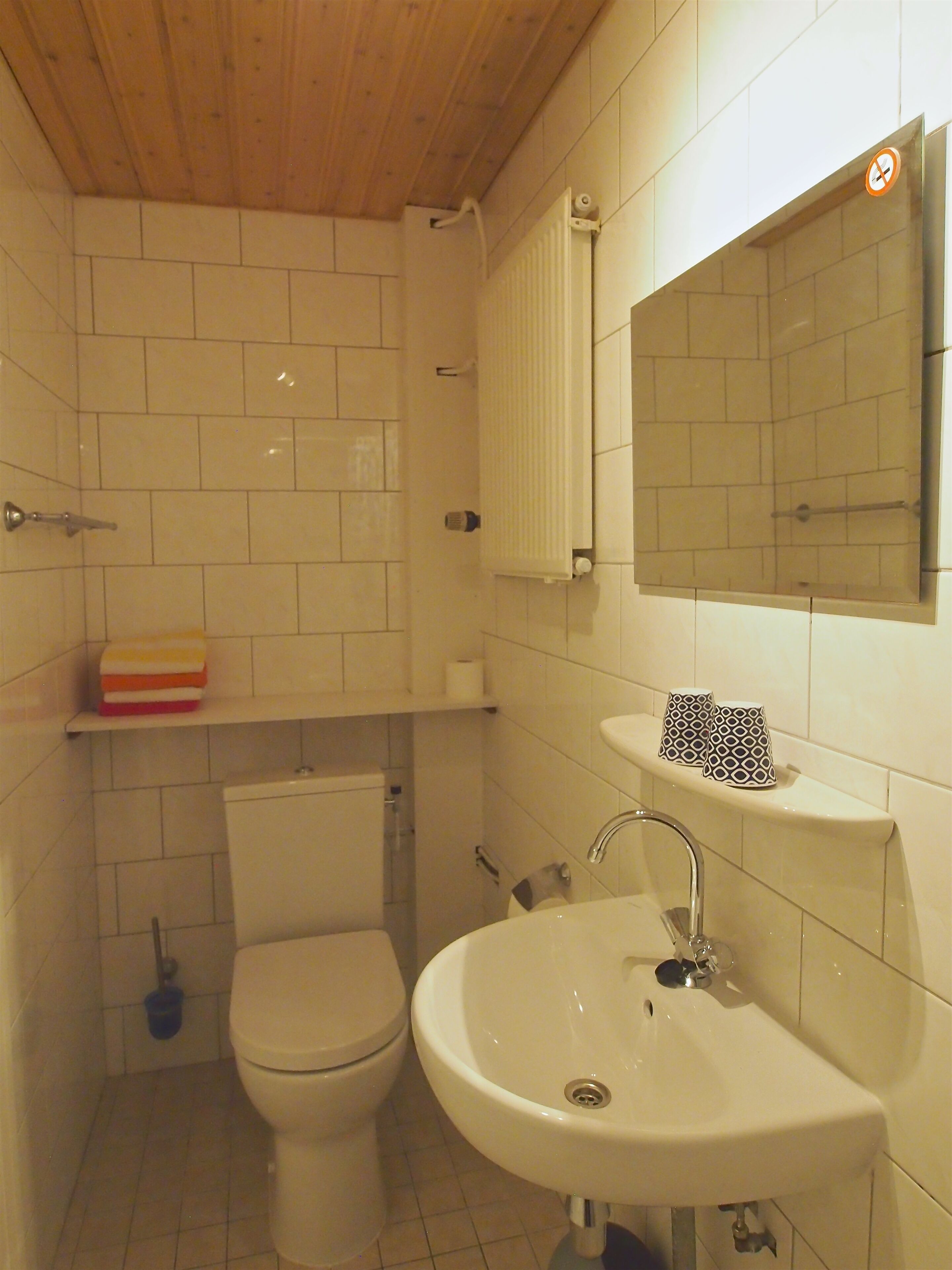 A bathroom with a toilet, sink, and mirror.