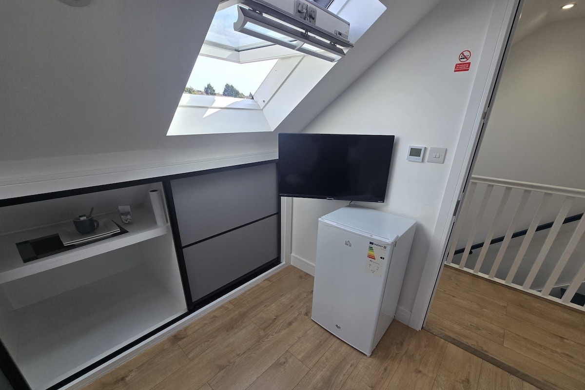 A compact kitchenette with a built-in TV, a small refrigerator, and a skylight.