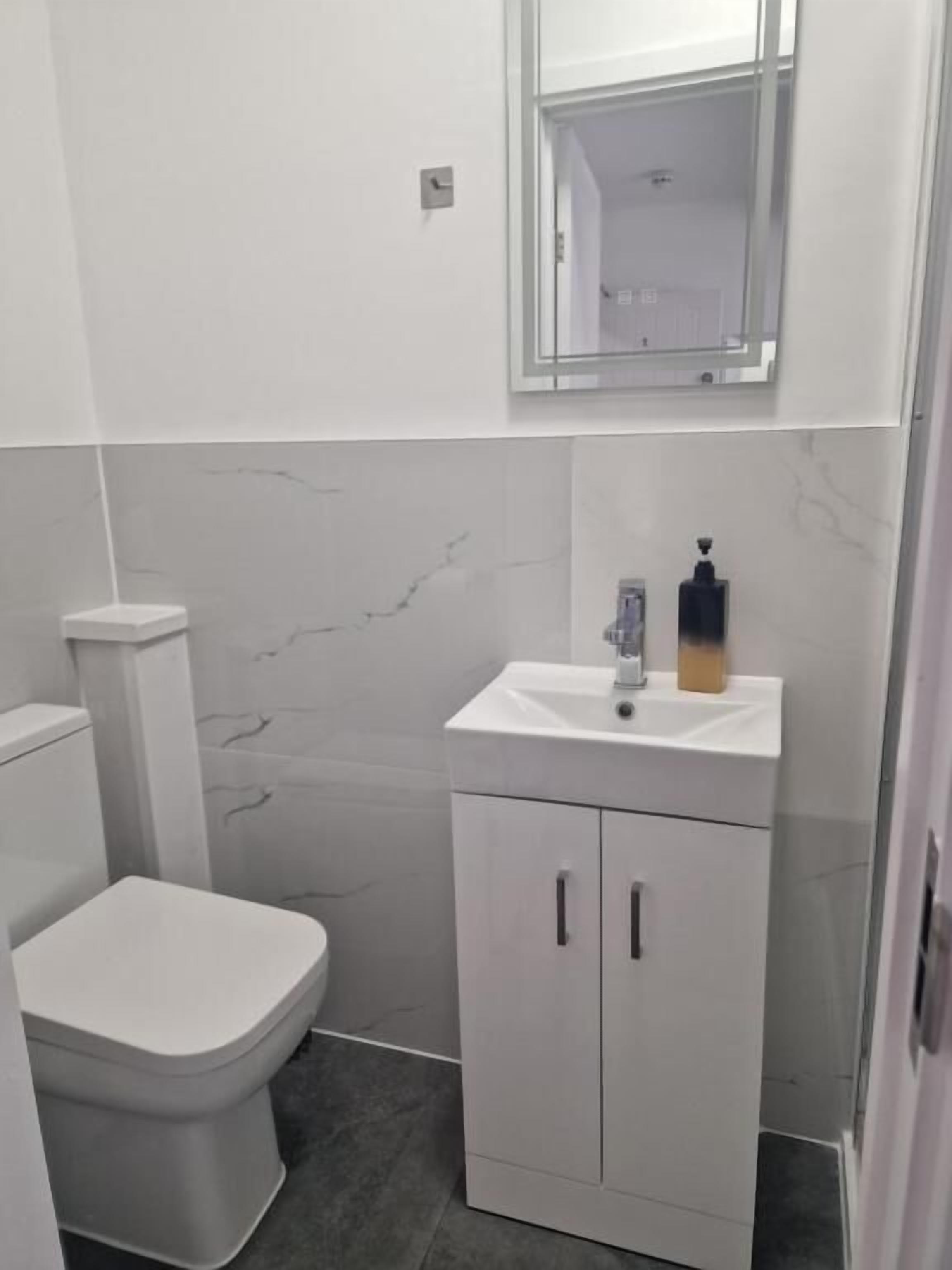 Un bagno con il water, un lavandino con dispenser di sapone e uno specchio sopra al lavandino.