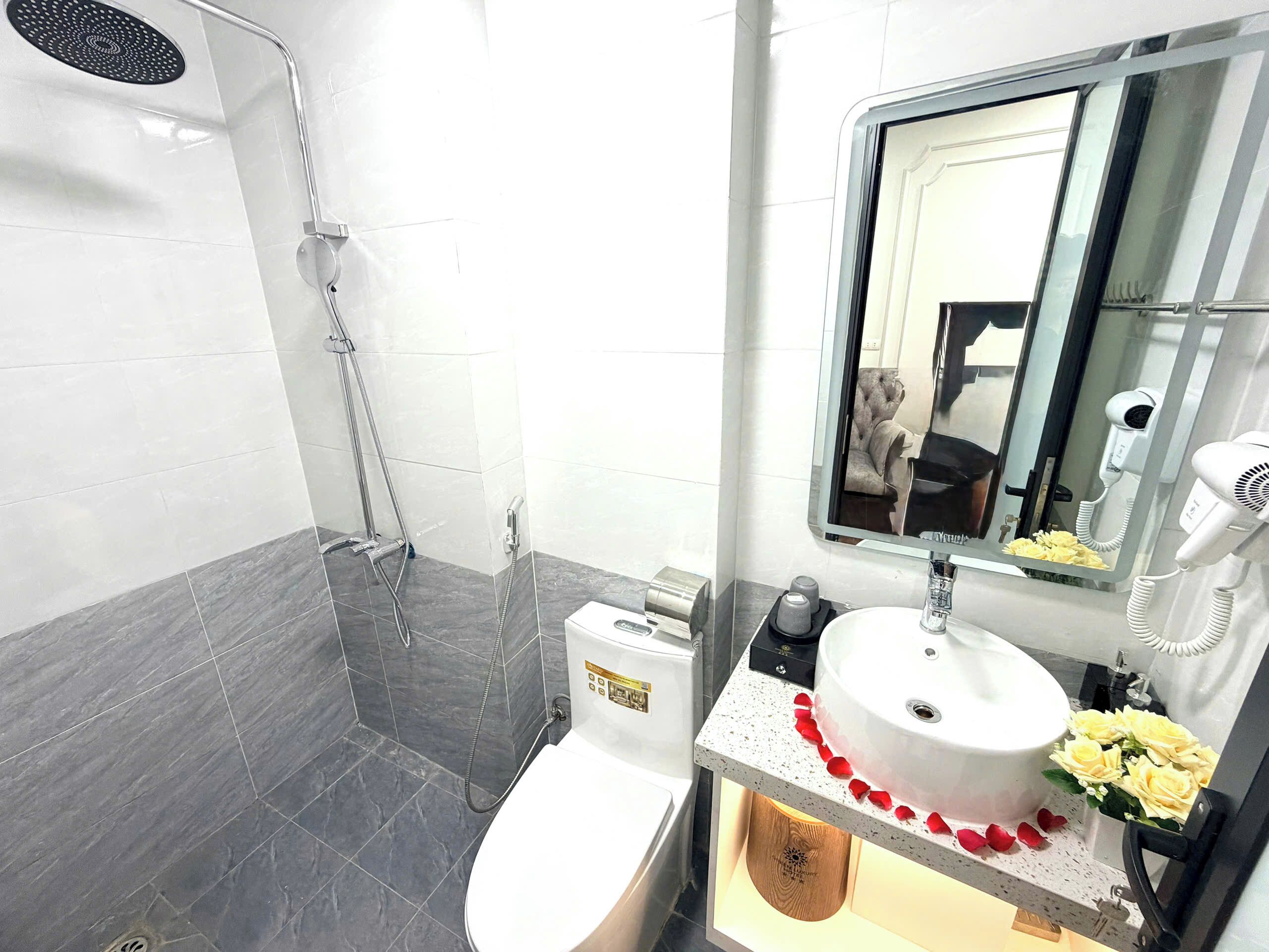 A bathroom with a shower, toilet, sink, and a mirror with a hairdryer.