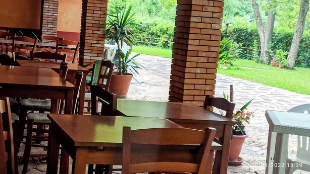 An outdoor cafe with wooden tables and chairs, potted plants, and a brick wall.