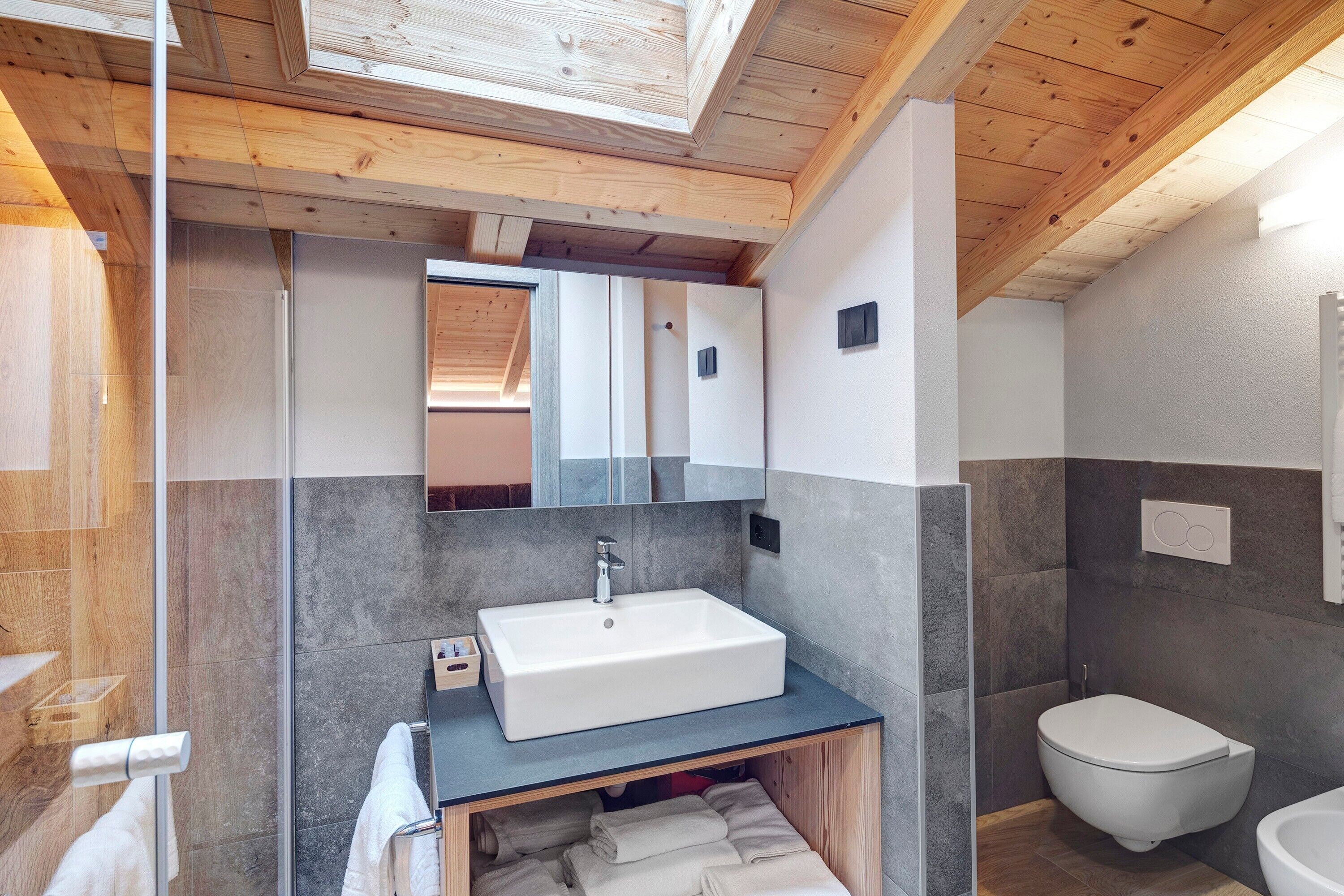 Un bagno moderno con un lucernario, un lavandino capiente, un water e uno specchio.