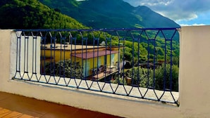 Ein Balkon mit Metallgeländer mit Blick auf eine gebirgige Landschaft.