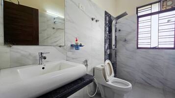 A bathroom with a white sink, a toilet, and a shower.
