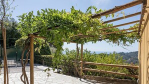 Een houten pergola met klimplanten, een terras van natuursteen en uitzicht op het landschap.