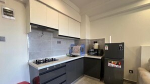 A compact kitchen with grey cabinets, a black refrigerator, and a gas stove. - Nairobi Accomodation (Nairobi)